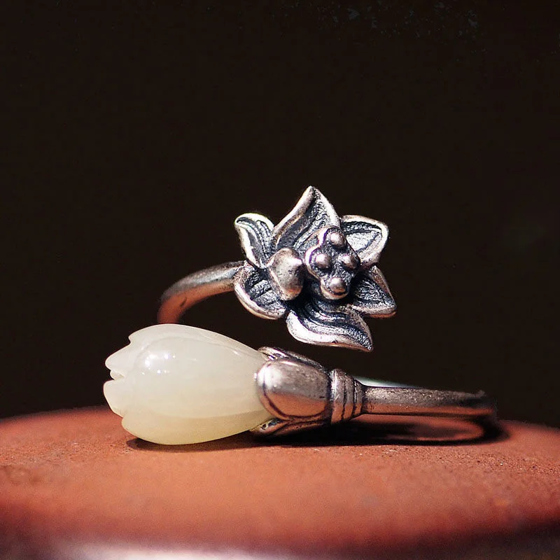 Gamtos Hetian magnolia gėlių lotus atidarymo reguliuojamas žiedo Kinijos retro stiliaus Bohemiškas, elegantiškas žavesio sidabro papuošalai