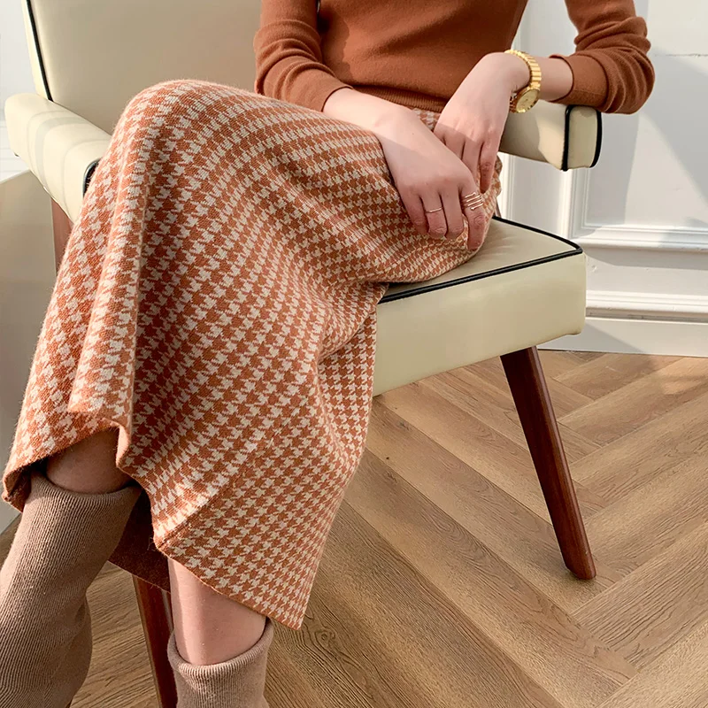 Vidutinio ilgio moterų megztas sijonas houndstooth elegantiškas temperamentas paketo klubo ilgas sijonas 2020 m. pavasarį ir rudenį naujos