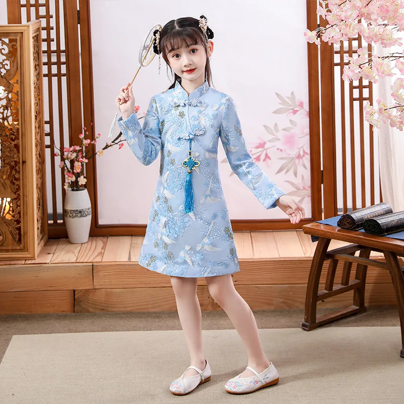 Kinijos Mergaičių Siuvinėjimo Cheongsam Suknelė Elegantiškas Gėlių Mergaitės Suknelė Vaikai Vakare Šalis Suknelė Sijonas Derliaus Naujųjų Metų Cosplay Suknelė
