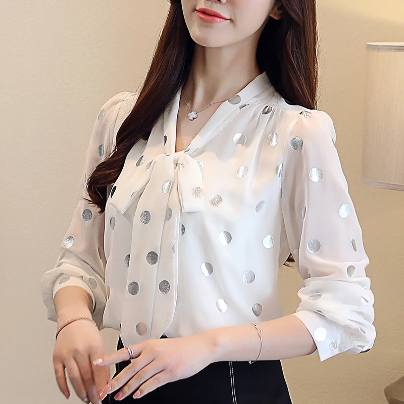Korėjos Šifono Moterims Palaidinės, Marškinėliai Office Lady Dot Spausdinti Marškinėliai Topai Moteris Ilgomis Rankovėmis Palaidinės Baltos Spalvos Marškinėliai, Ponios Viršų Plius Dydis