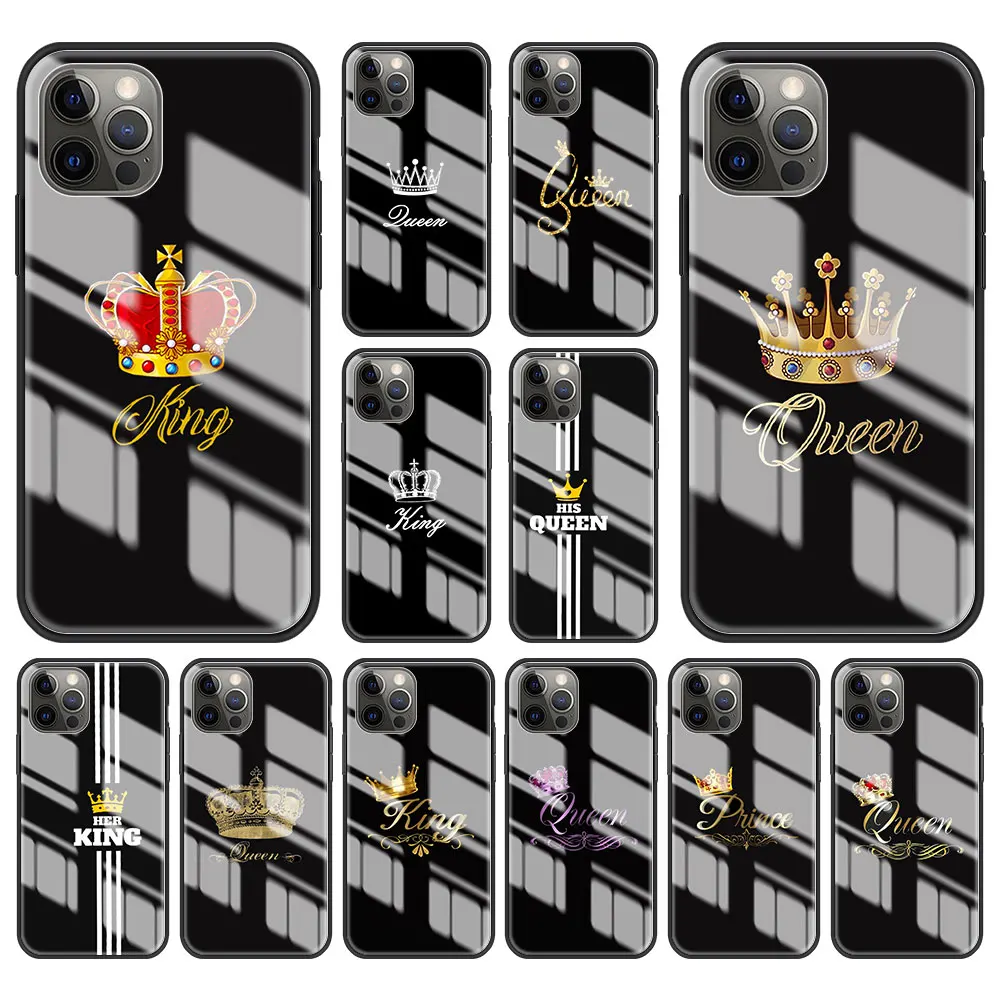 Grūdintas Stiklas Telefono dėklas Skirtas iPhone 12 Mini Pro 11 X XS Max XR SE 2020 7 8 6 6S Plius Aukso Karalius ir Karalienė Hard Cover Coque Funda