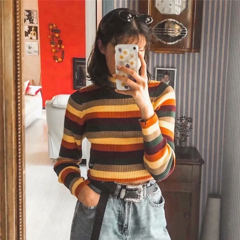 2019 m. rudens ir žiemos naujas mados spalvų juostelės aukšta apykakle ilgomis rankovėmis džemperis moterims, gatvės Slim stretch-megztinis (puloveris) Ms