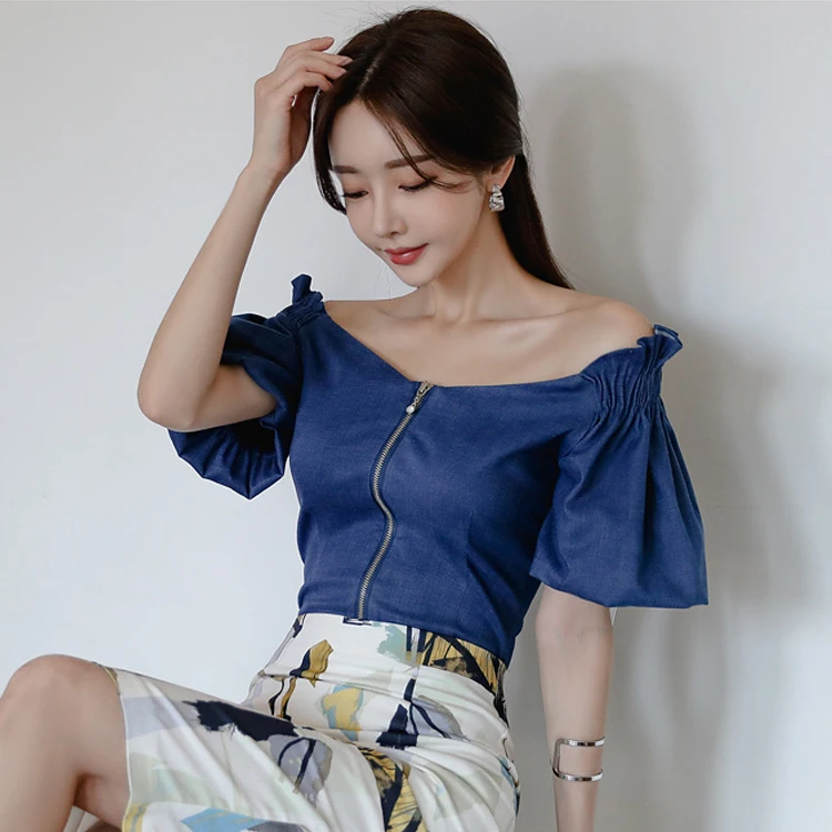 2 dalių komplektas kostiumas Korėja Ponios Mėlyna Mados Šifono Viršūnes užtrauktukas Elegantiškas spausdinti Midi retro Sijonas Seksuali Biuro Kostiumas moterims Clothin