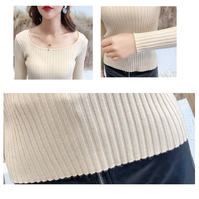 2020 Aikštėje Apykakle ilgomis rankovėmis Megztiniai Giliai O-Kaklo Didelio elastingumo lieknas Moteris, puloveriai vertikalus Briaunoti juostos Džemperiai