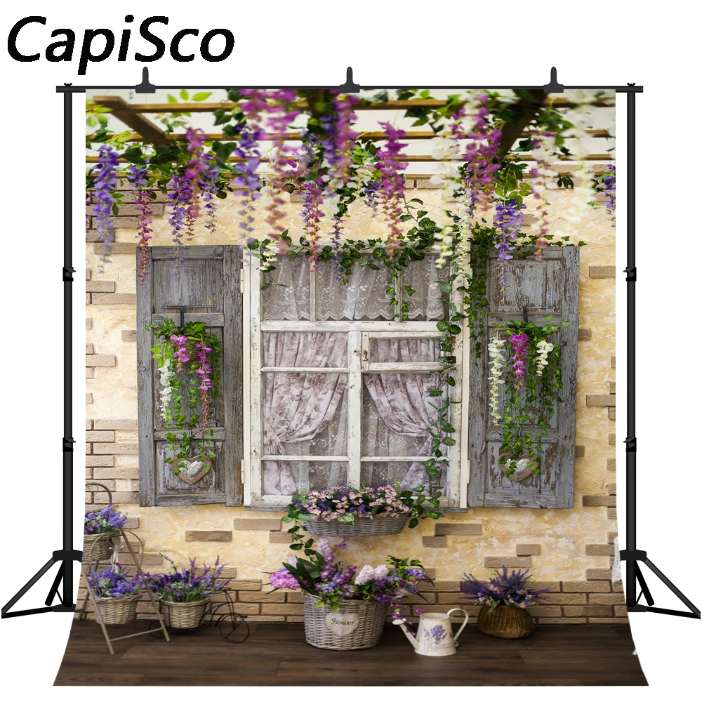 Capisco fotografijos backdrops pavasarį kieme wistaria gėlių, medienos pergola papuoštas retro langas foto fonas, photocall