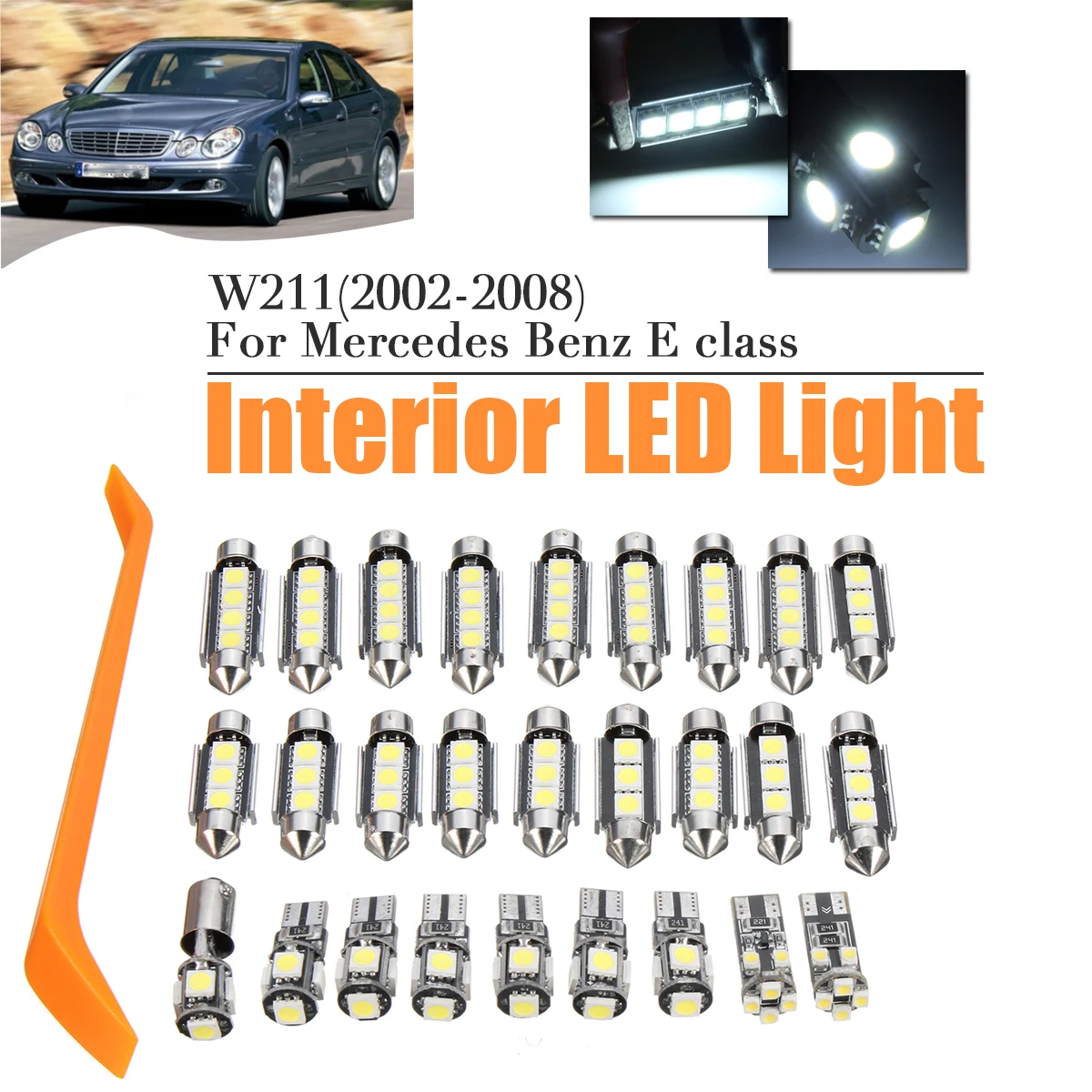 27Pcs Balta DC12V Automobilio Interjeras, LED Lemputes, Lempos Interjero Priešrūkiniai Žibintai Plokštės Lempos Lemputė Mercedes Benz E Class W211 2002-2008