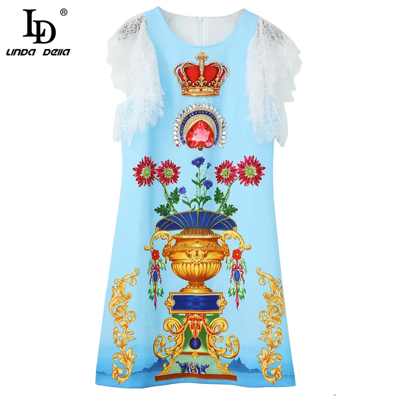 LD LINDA DELLA 2020 Mados Dizaineris Vasaros Suknelė Moterų Nėriniai Trumpas rankovės Duobute Derliaus Blizgučiais Spausdinti Ponios Prarasti Mini Suknelė