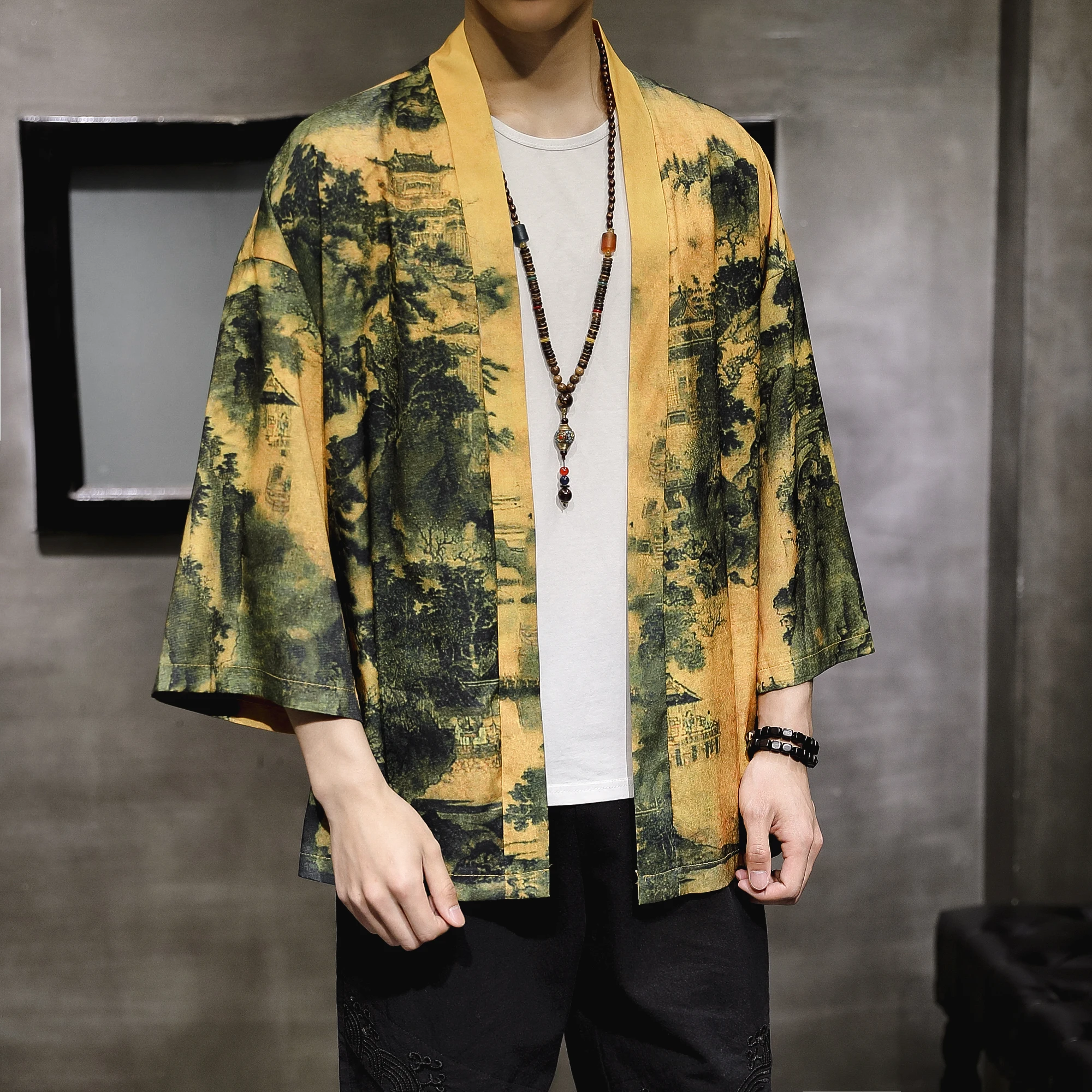 Tradicinis Japonų kimono yukata vyrų atspausdintas trumpas chalatas, cardigan aukštos kokybės prarasti didelio dydžio apsiaustu vyriškos 3/4 rankovėmis marškinėliai