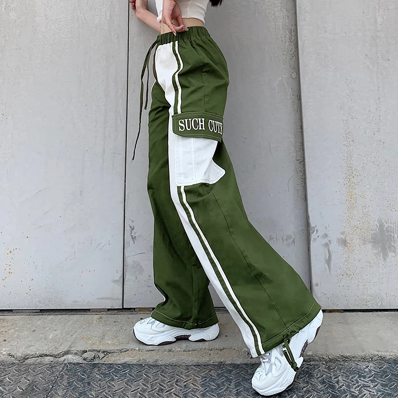 Weekeep Kratinys Kišenėje Moterų Krovinių Kelnės Kontrastas Didelis Juosmens Sutraukimo Juostelę Poilsiu Kelnės Prarasti Streetwear Rudenį Austos Kelnės
