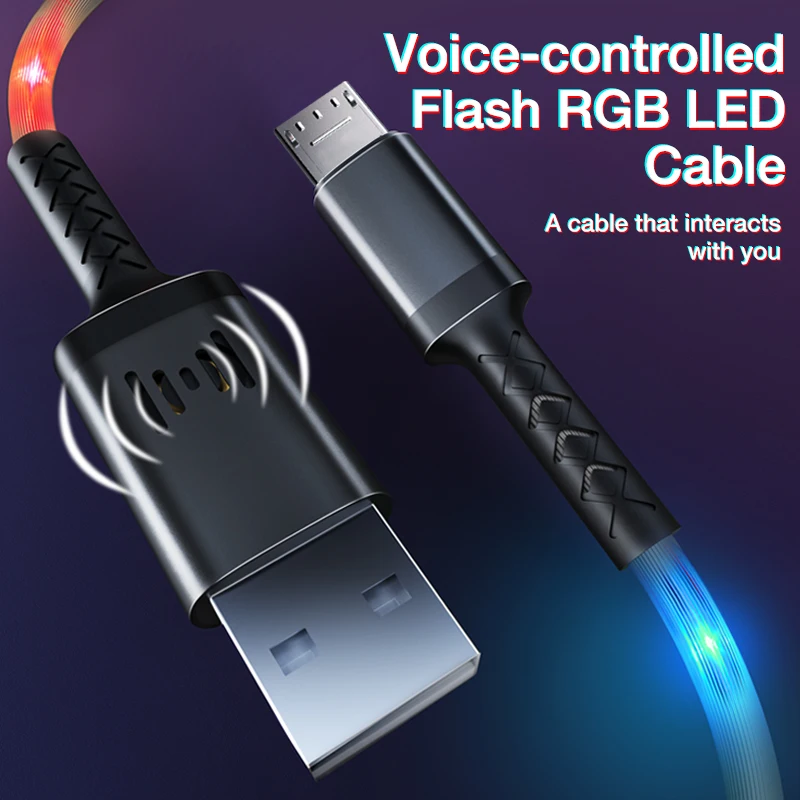 GENAI Micro USB Kabelis Balso Kontrolės, Flash RGB LED Šviesos Kabelio Įkrovimo Laidą, Skirtą 