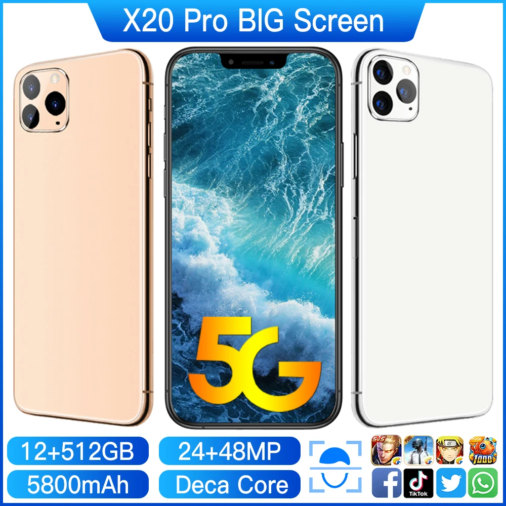 Universalus X20 Pro 6.9 Colių Smartphonach Android 12 GB +512 GB 10-Core 5G mobiliųjų telefonų MTK6889 HD+ Trys Fotoaparatas Dual SIM Mobilus Telefonas