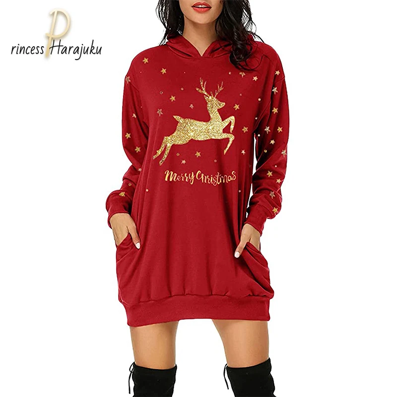 2020 Naujas 4 Spalvos Suknelė Moterų Mados Kalėdų Hoodie Maišelį Klubo Kišenėje Spausdinti Hoodie Mados Suknelė Vestidos Invierno Mujer Atsitiktinis