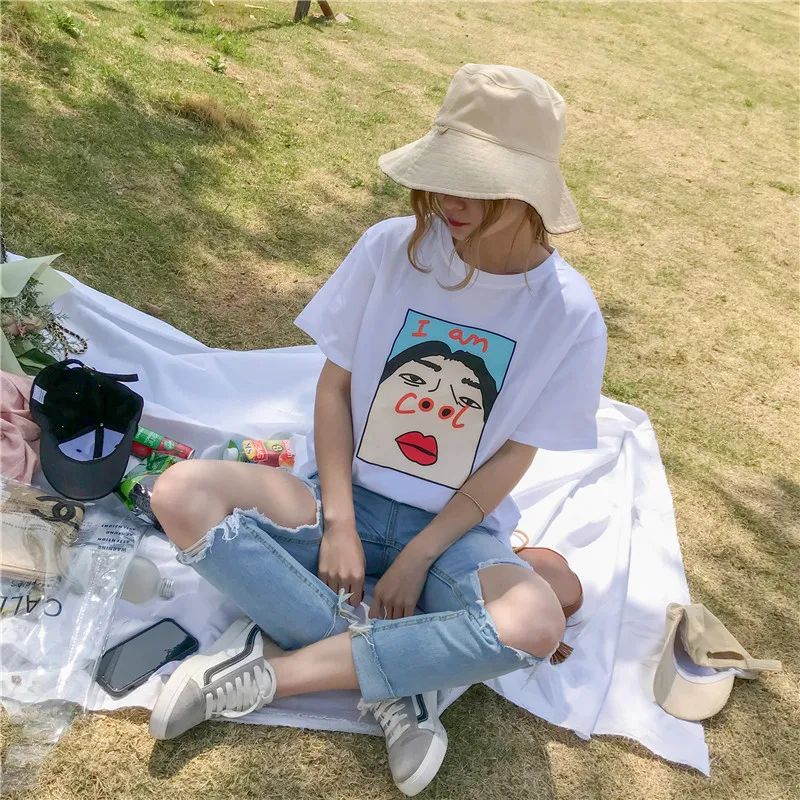 Vasaros suknelė moterų 2019 naujas Harajuku asmenybės juokingas animacinių filmų spausdinti grožio trumpas rankovės laisvalaikio moteriški marškinėliai viršų