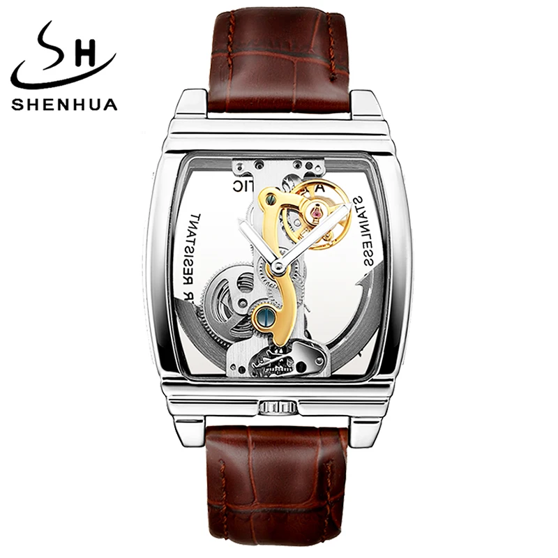 SHENHUA Turbillon Vyrai Laikrodžiai Prabangus Automatinis Mechaninis Laikrodis natūralios Odos Diržas, Permatomas Skeletas Vyras Auksinis Laikrodis