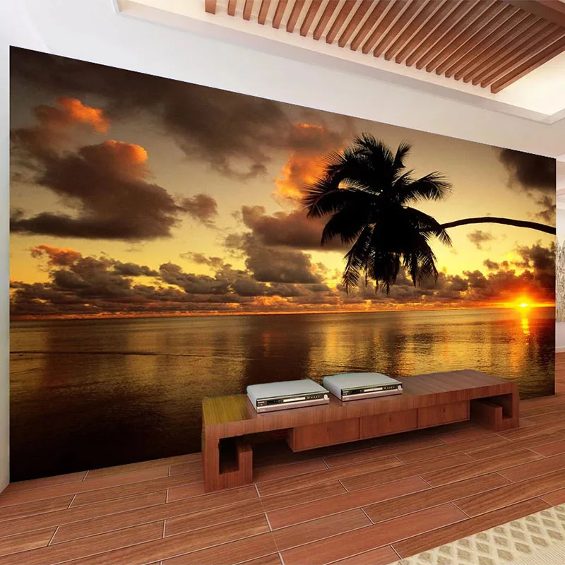 Užsakymą Bet kokio Dydžio Freska Tapetai, 3D Saulėlydžio Peizažas Kokoso Medžio Dangaus Foto tapetų Kambarį TELEVIZIJA Miegamojo Papel De Parede 3 D