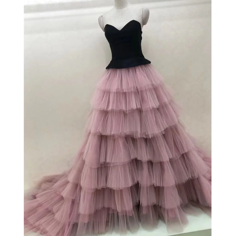 Elegantiškas Rose Pink Ilgai Prom Tiulio Sijonas Ruffles Pakopų Moterų Maxi Sijonai Oficialų Suknelė Valymo Traukinio Tiulio Vestuvių Sijonas Saia Užsakymą
