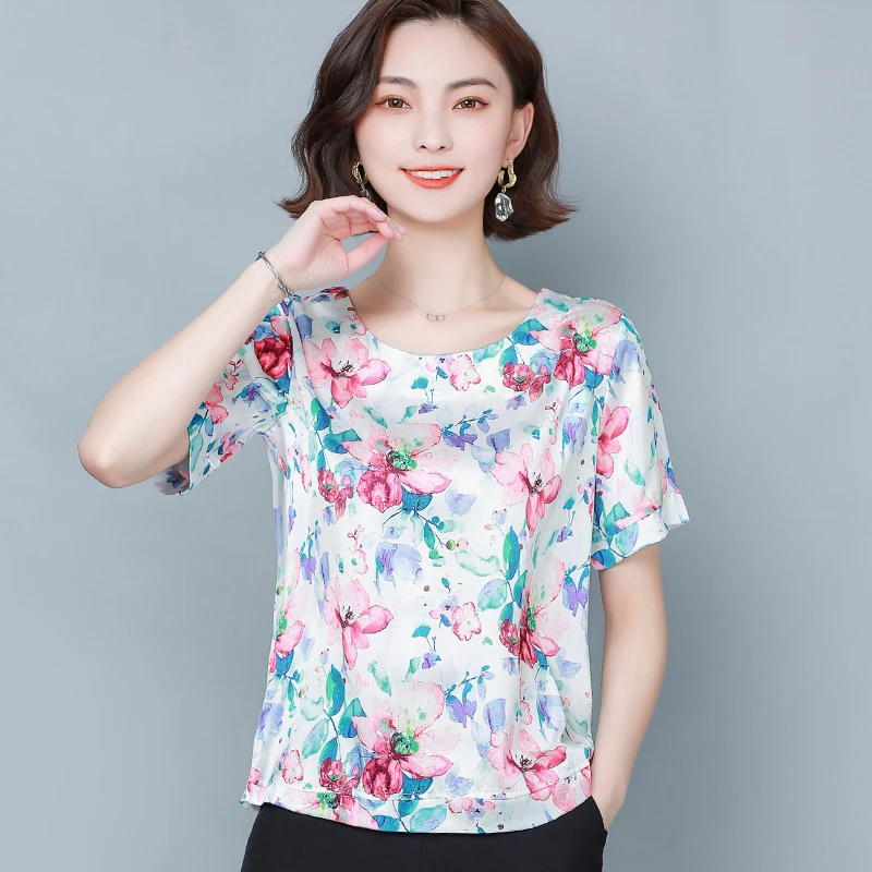 Korėjos Fahsion Šilko Palaidinės Moterims Vasarai Moteris Satino Palaidinė Viršūnes Moteris trumpomis Rankovėmis Spausdinti Palaidinė Top Plius Dydis Camisas Mujer 4XL