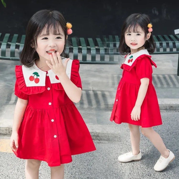 2020 Naujas Vasaros Mergaičių Suknelė Mygtuką Apdailos karinio jūrų Laivyno Vėjo Atvartas Išsiuvinėti Šalis Princesė Dress Vaikams, Vaikų Drabužiai Mergaitėms