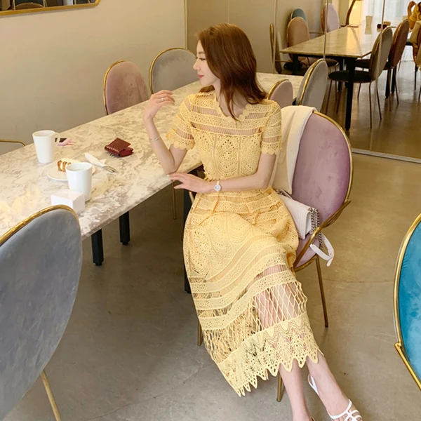 Vestidos De Verano Mujer 2019 Moterų Nauja korėjos Temperamentas ažūrinės figūrinių Nėrinių Juosmens Didelis Sūpynės Šviesiai Geltonos spalvos Suknelė Sukienka Letnia