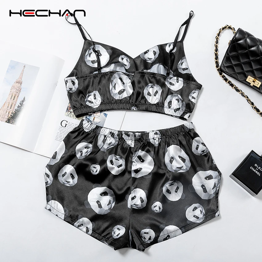 HECHAN Panda Modelio Tiktų Rinkiniai Moterims Rankovių Pižama Viršų Ir Šortai, Seksualus Sleepwear apatinis Trikotažas Ištaigingas Dėvėti Pijama Satin
