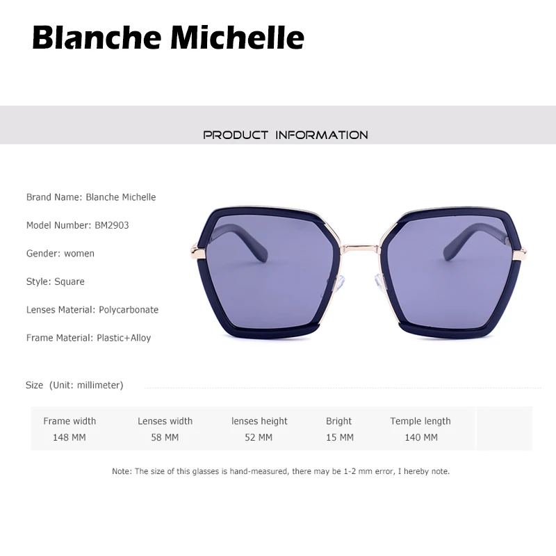 Blanche Michelle Prekės Aikštė Akiniai nuo saulės Moterims Poliarizuota UV400 oculos Veidrodėliai Saulės Akiniai Moterų gafas de sol mujer Su dėžute