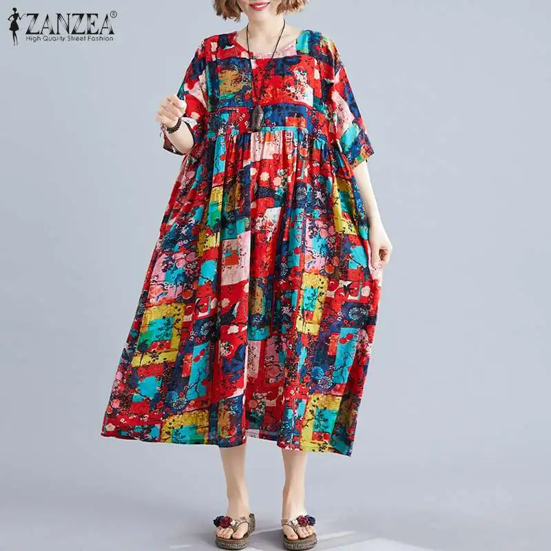 Bohemijos Spausdinti Maxi Suknelė Moterų Vasaros Sundress ZANZEA 2021 Atsitiktinis trumpomis Rankovėmis Tunika Vestidos Moterų Plisuotos Drabužius, Plius Dydis