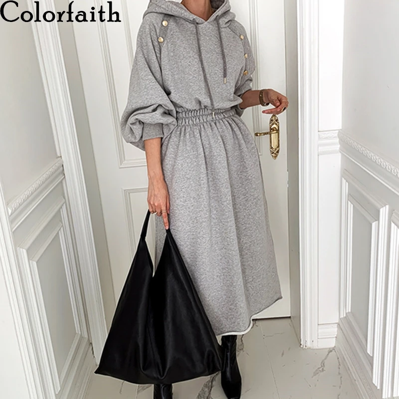Colorfaith Naujas 2021 M. Pavasarį, Rudenį Moterų Suknelės, Aukštos Juosmens Negabaritinių Gobtuvu Elegantiškas Minimalistinio Laukinių Šiltas Panele Ilga Suknelė DR1281