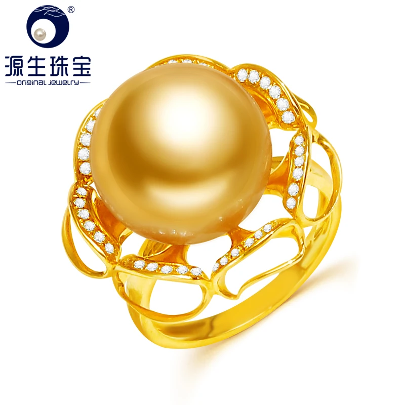 YS 3.6 Gramų 14 karatų Aukso 13-kaip 14mm Originali Sūraus Pietų Jūros Perlas Žiedas Vestuvių Fine Jewelry