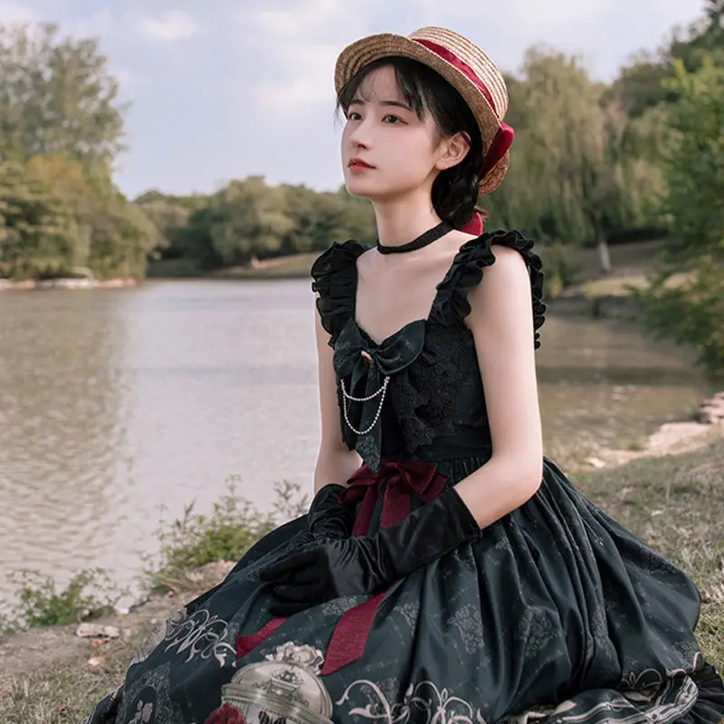 Lolita JSK suknelė lakštingala ir rožė jsk suknelė gotikos stiliaus tamsiai Vintage Viktorijos Princesė Šalis Suknelė Berankovė suknelė lolita