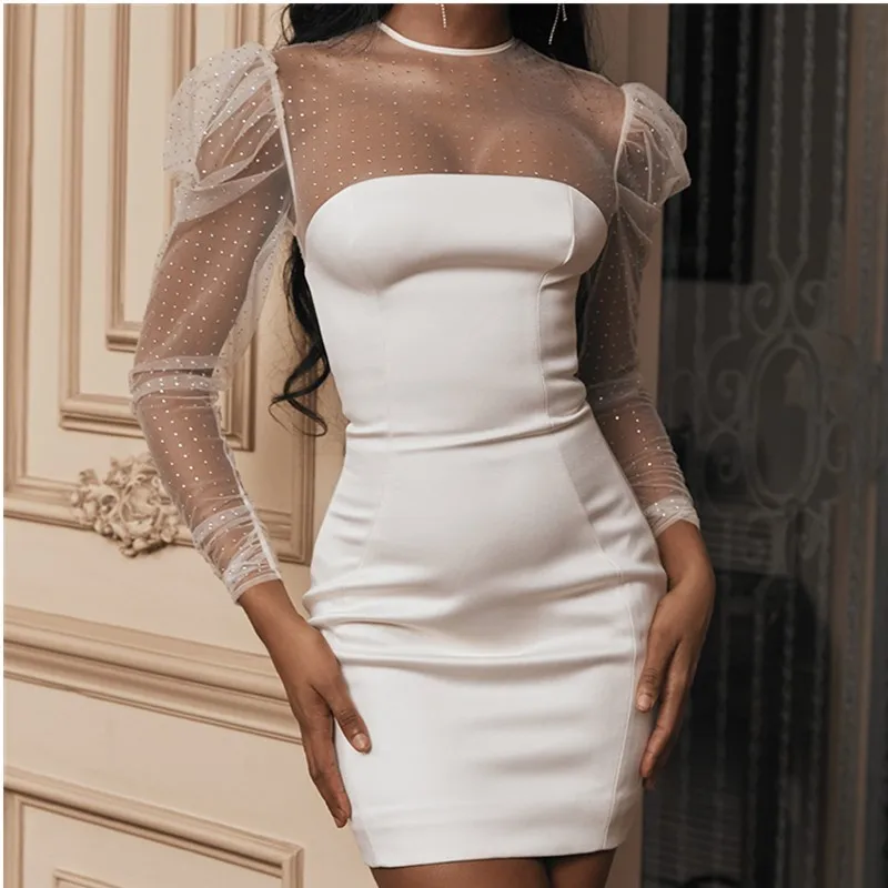 Akių Susiuvimo Blizgančiais Suknelė Moterims Seksualus Banga Taškas Matyti Per O-kaklo, ilgomis rankovėmis, Baltos spalvos Suknelės 2020 M. Pavasarį Naujas Stilius