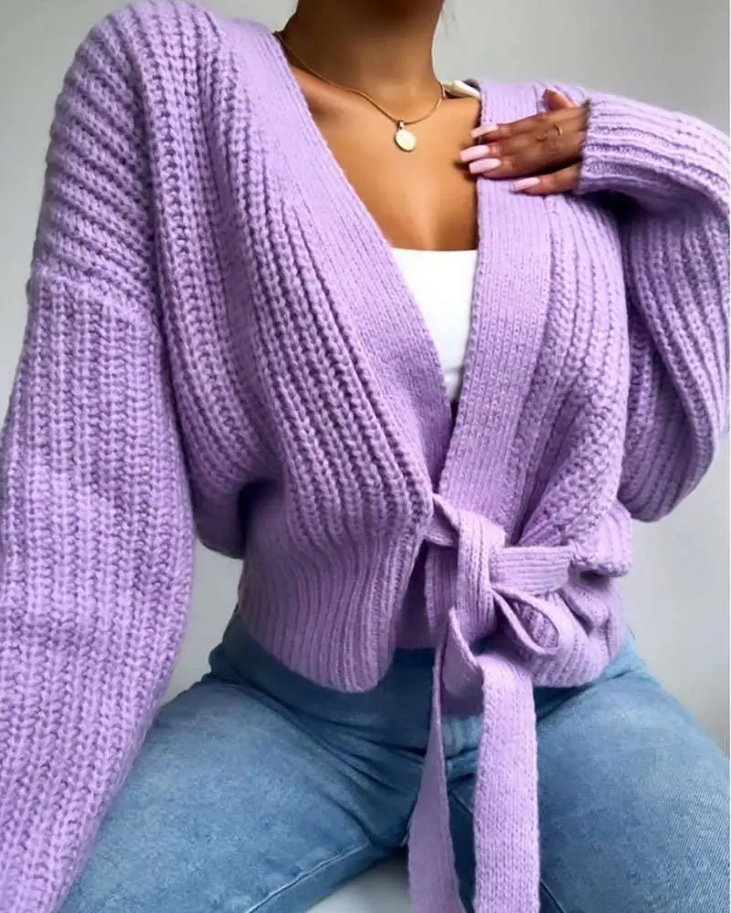 Moterų Megztinis V-Kaklo Megztinis Nėrinių Lankas Megztinis Vientisų Spalvų Moterų Kailis Baltos spalvos Violetinė