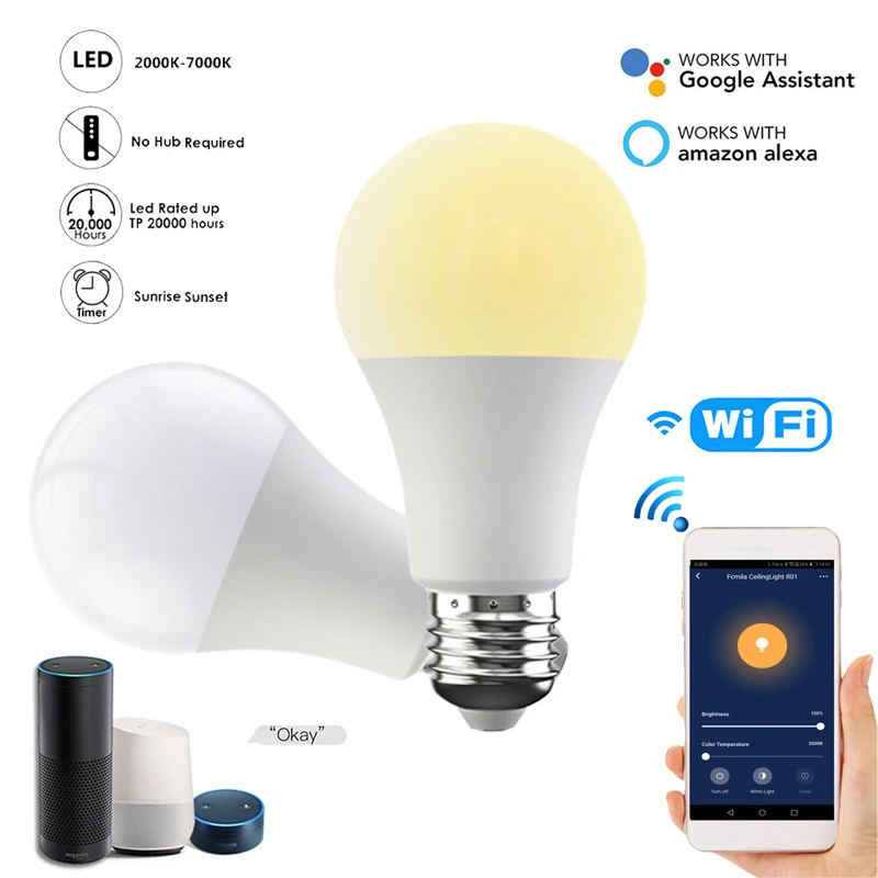 15W Fcmila Pažangaus Šildymo Ir Aušinimo Smart Lemputės Belaidžio Wifi Balso Kontrolės Lemputė Gali Būti Nuotoliniu būdu Reguliuoti Pagal Alexa