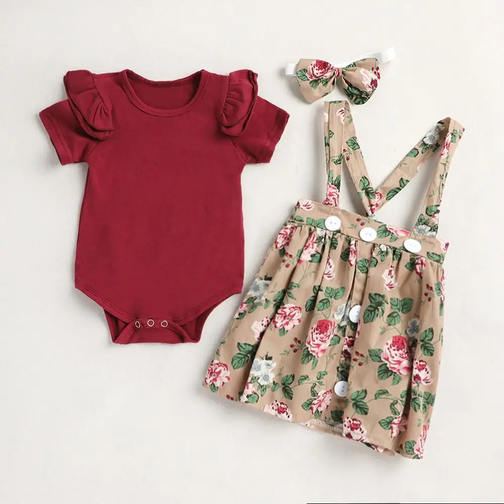 PatPat 2020 Naujas Vasaros Pynimas Romper Mygtukai Dekoro Gėlių Suknelė ir Lankelis Rinkiniai Baby Girl Drabužiai