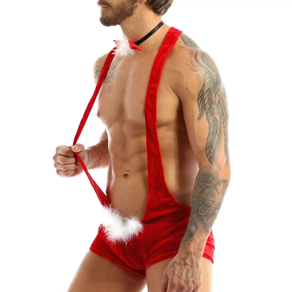 Mens Kalėdų Lingerie Sexy Bodysuit Sekso Cosplay Kostiumų Lenktynininkas Atgal Leotard Bodysuit Imtynių Singlet Apatiniai su Bowtie