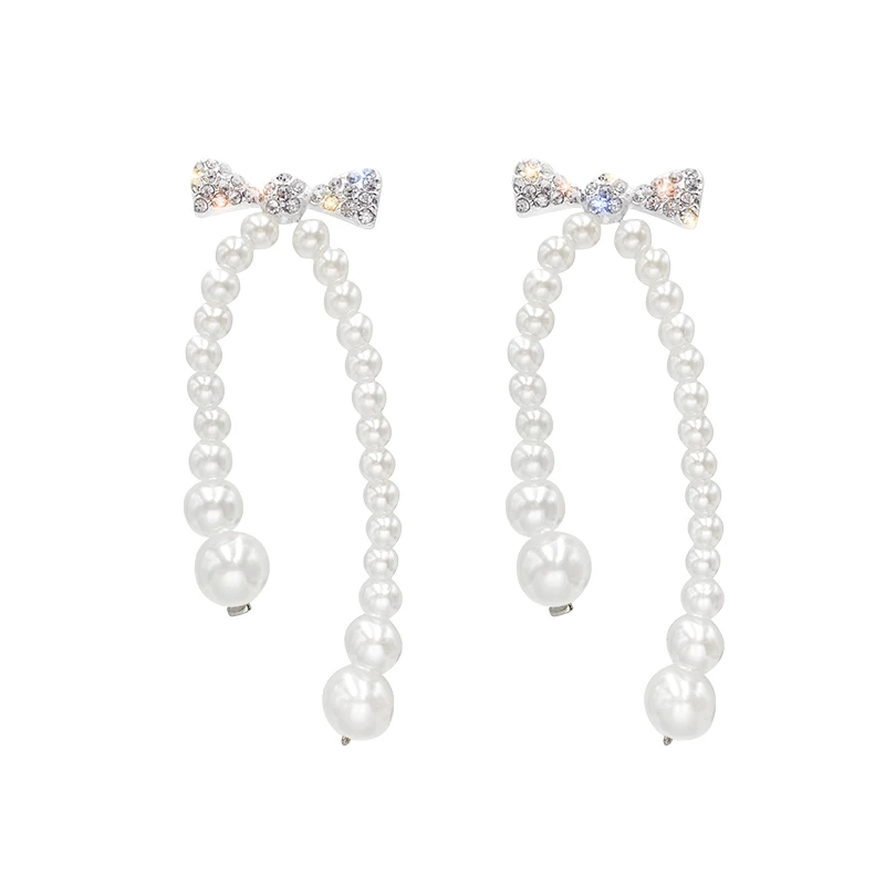 Korėjos naujo dizaino bižuterijos perdėtai ilgos, baltos, perlų austi lankas kristalų temperamento moteris auskarai