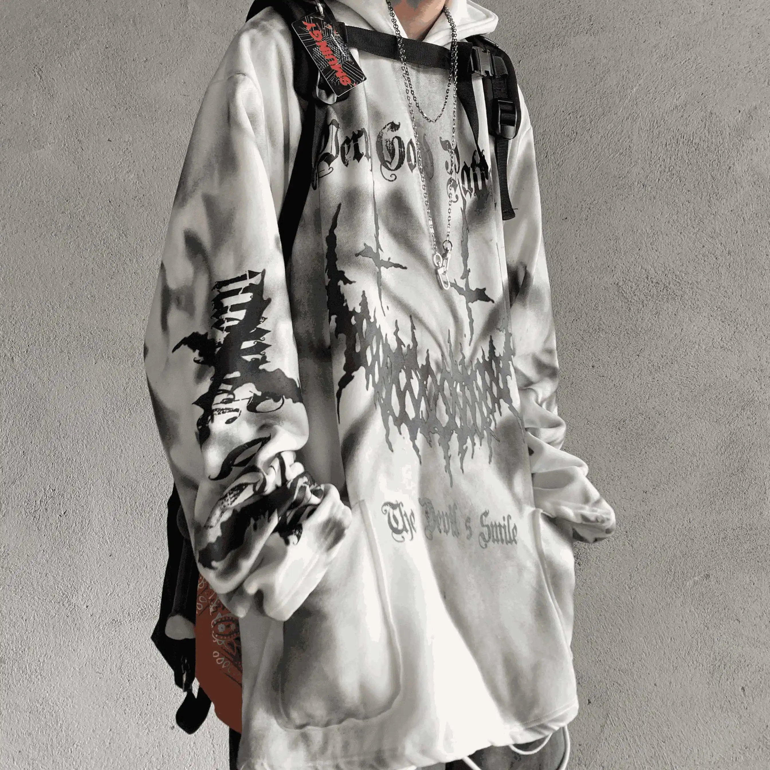 Tamsiai vėjo retro kaklaraištis dažyti goth spausdinti nišą dizaino hoodie high street gedulo palaidų montavimo hoodie banga