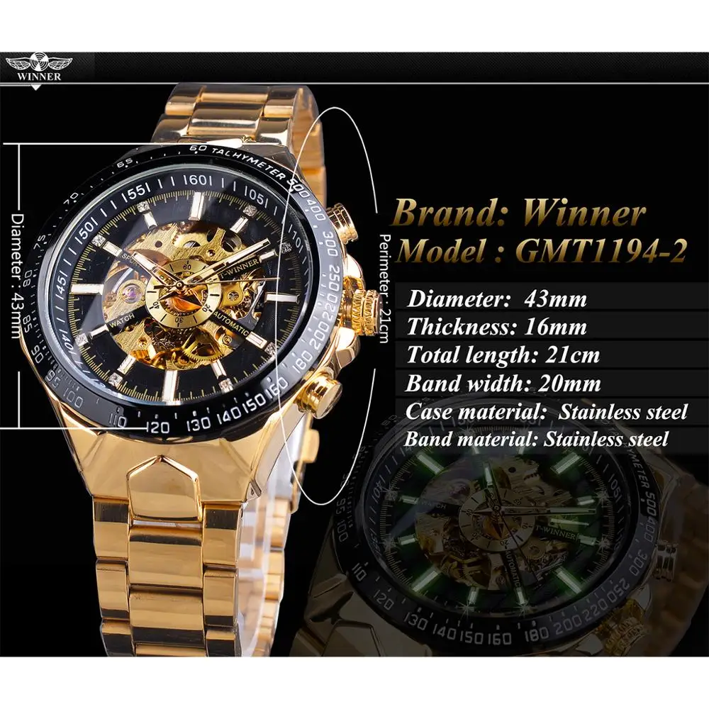 Nugalėtojas Diamond Skeletas Dial Juoda Aukso Automatinis Laikrodis Iš Nerūdijančio Plieno, Atsparus Vandeniui Šviesos Vyrų Verslo Mechaninis Laikrodis