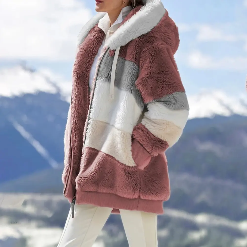 Žiemos manteau femme hiver mados Pliušinis kailis kratinys užtrauktukas kišenėje žiemos Gobtuvu retro ilgomis Rankovėmis Plius Dydis Moterų Top Coat