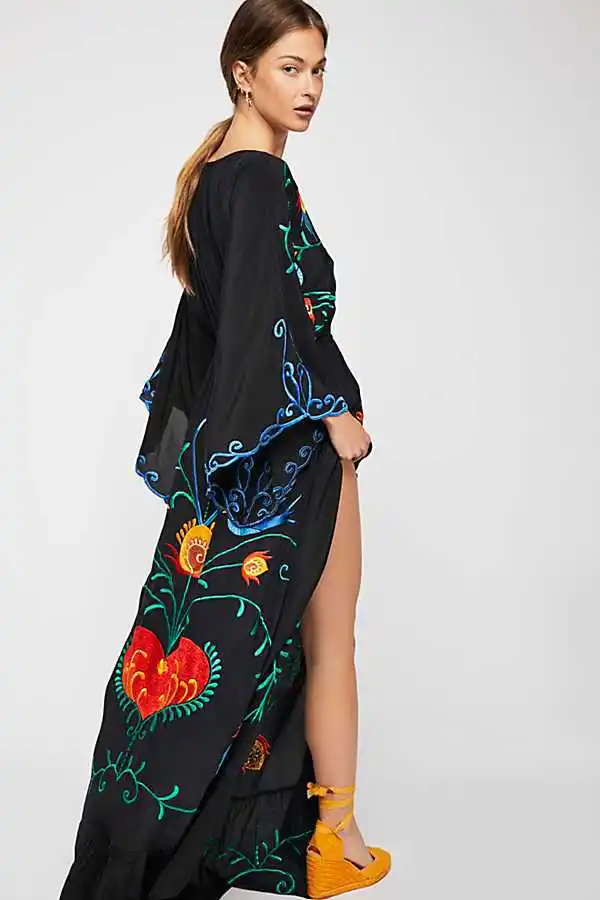 2021 moteriški Drabužiai Maxi Ilga Suknelė Naujų Gėlių Siuvinėjimas V-kaklo, Rudens Dress Blyksnius Rankovės Grindų ilgis Prašmatnus Suknelė Boho Rūbeliai