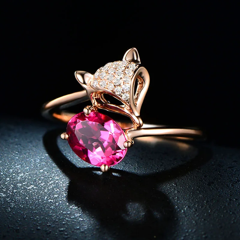 Gamtos Ovalo Ruby 925 Sterlingas Sidabro Spalvų Papuošalai, Žiedai, Moterų Rose Gold Cirkonis Diamond Piršto Žiedą fox Figūrą Vestuvių Žiedas