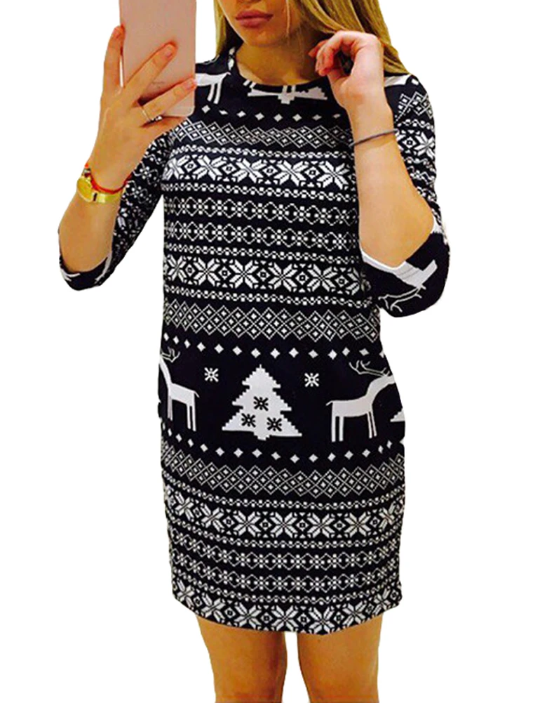 ANSELF Rudens Žiemos Kalėdų Šalis Suknelės Moterims Mini Suknelė Spausdinti šiaurės Elnių Kalėdų Eglutė Snaigės Atsitiktinis Kalėdos Suknelė, XXL Negabaritinių