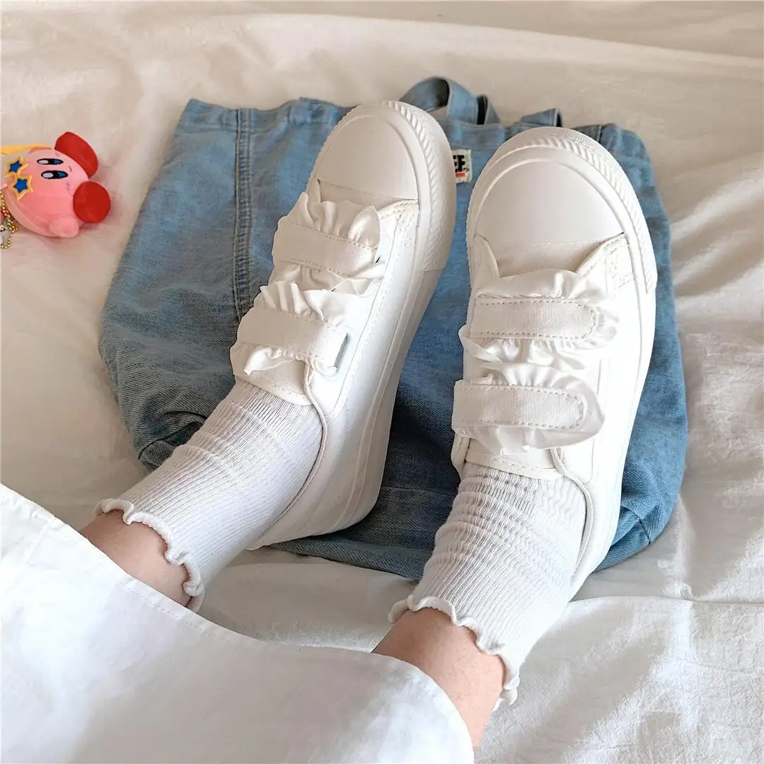 Moterų Balti Sneaker Kawaii Lolita Batai Mielas Panele Japonijos Nėrinių Velcro Pliušinis Butai Pavasario Atsitiktinis Canva Avalynė 2021tenis Moteris