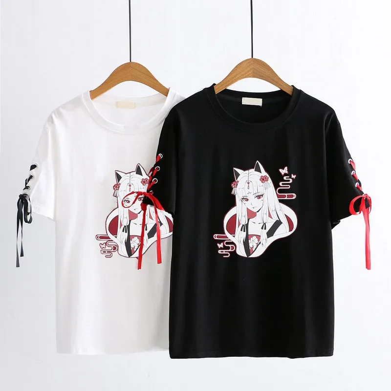 Vasarą naujasis Japonijos trumparankoviai marškinėliai moterų pralaidumo prarasti korėjos studentų spausdinimo Harajuku stiliaus marškinėlius baltas juodas