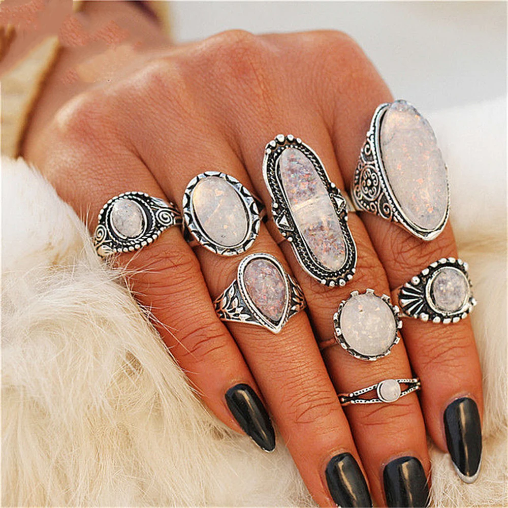 Naujų Produktų Derliaus Karka Žiedų Rinkinys Mergaitėms Boho Geometrinis Modelis Stilingas Žiedai Moterų Bohemijos Opalas Žiedas Papuošalai