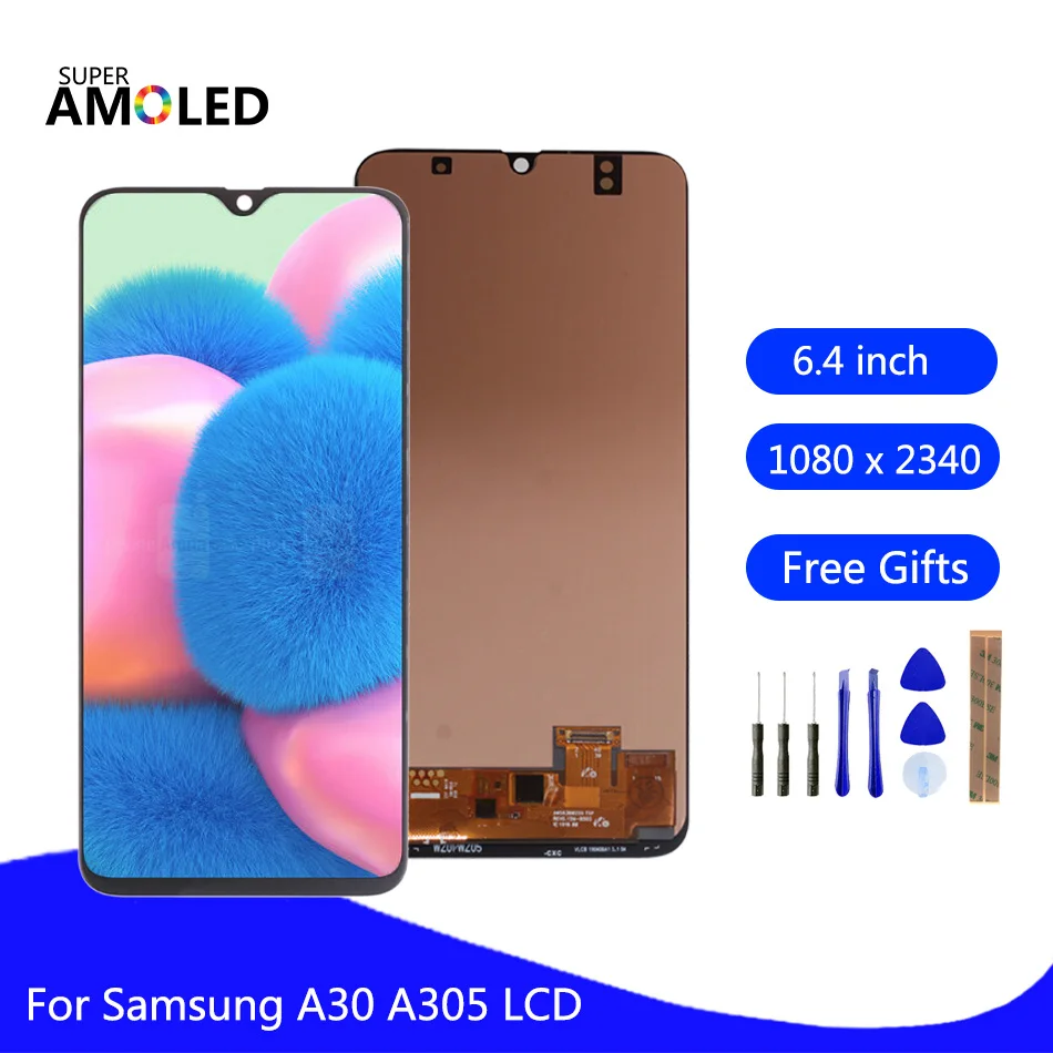 Amoled lcdFor Samsung Galaxy A30 A305 A305F LCD Ekranas A305FN/DS Jutiklinis Ekranas skaitmeninis keitiklis Surinkimo SAMSUNG A30 Ekranas
