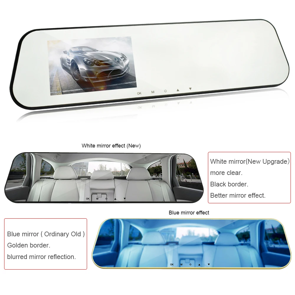 Brūkšnys fotoaparato Automobilių DVR 4.3 Balta automobilio galinio vaizdo veidrodėliai Skaitmeninis Vaizdo įrašymo įrenginys Auto Registrator FHD vaizdo Kamera 1080P galinio vaizdo Kamera