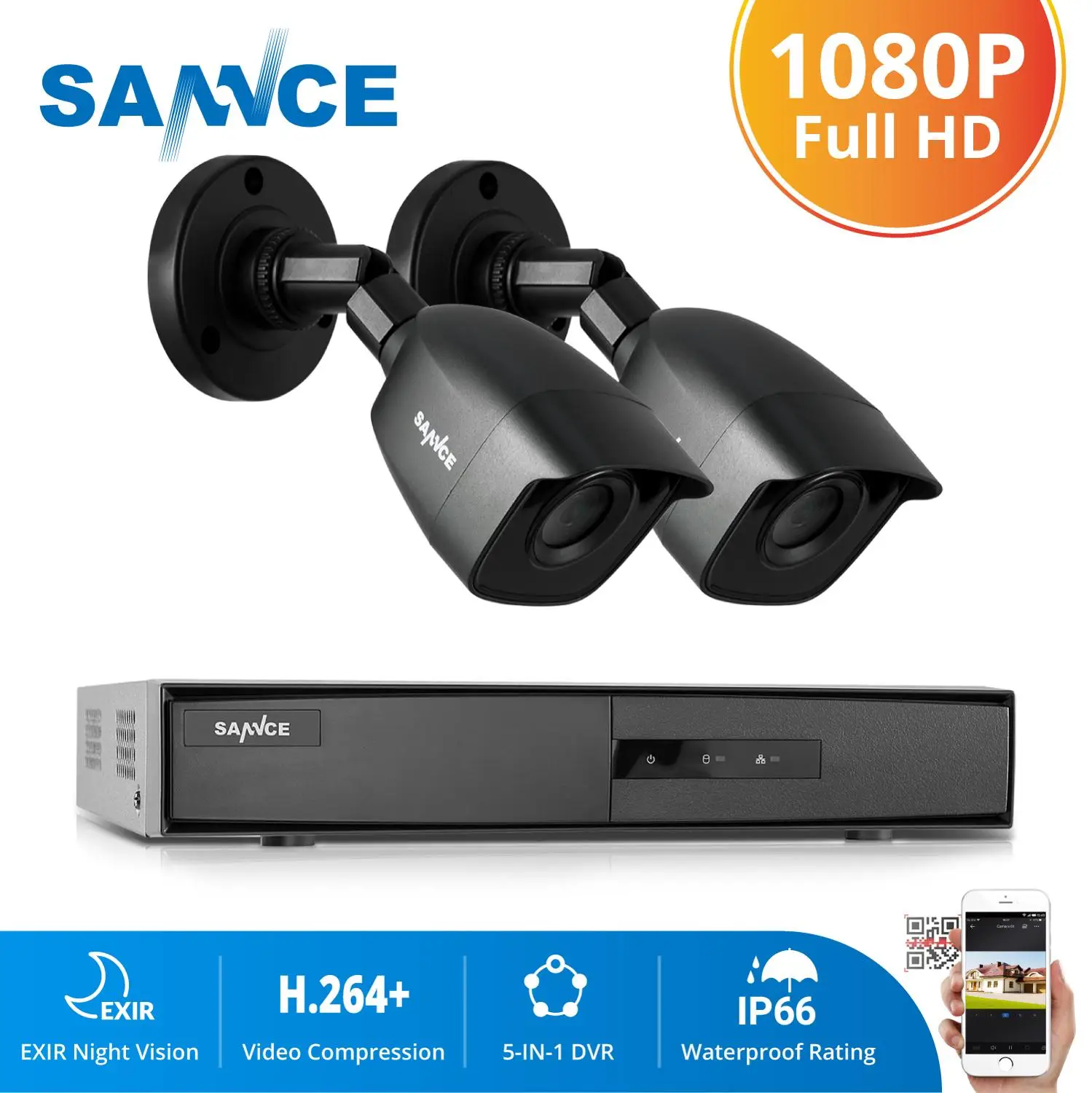 SANNCE 4CH HD 108P VAIZDO stebėjimo Sistema 1080P Išėjimas CCTV DVR 2VNT 1080P Apsaugos Kameros IR naktį Vandeniui Priežiūros rinkinys