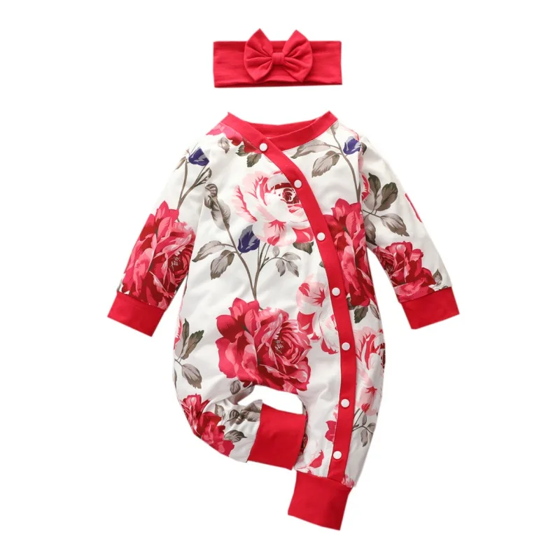 Rudenį, Žiemą Kūdikiui Baby Girl Jumpsuit Komplektus 2vnt Gėlių ilgomis rankovėmis Rompers Single-breasted Lankelis Laisvalaikio Apranga