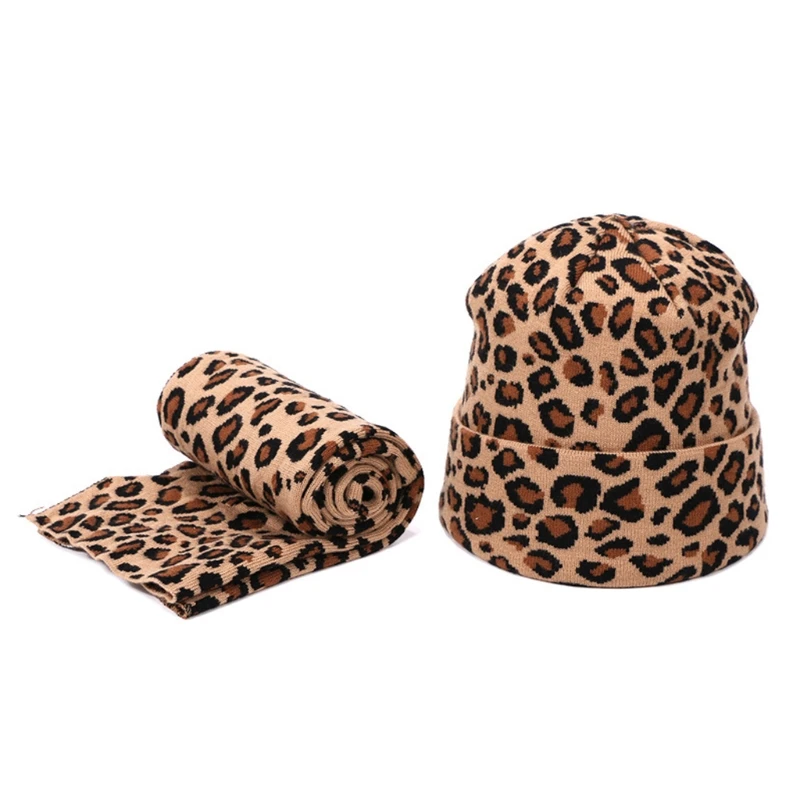 2vnt Žiemos Moterų Vilnos Kepuraitė Skrybėlę, Šaliką Rinkinys Leopardas Spausdinti Dėmės Seksualus Lauko Šiltas Apsidraudimo Kepurės