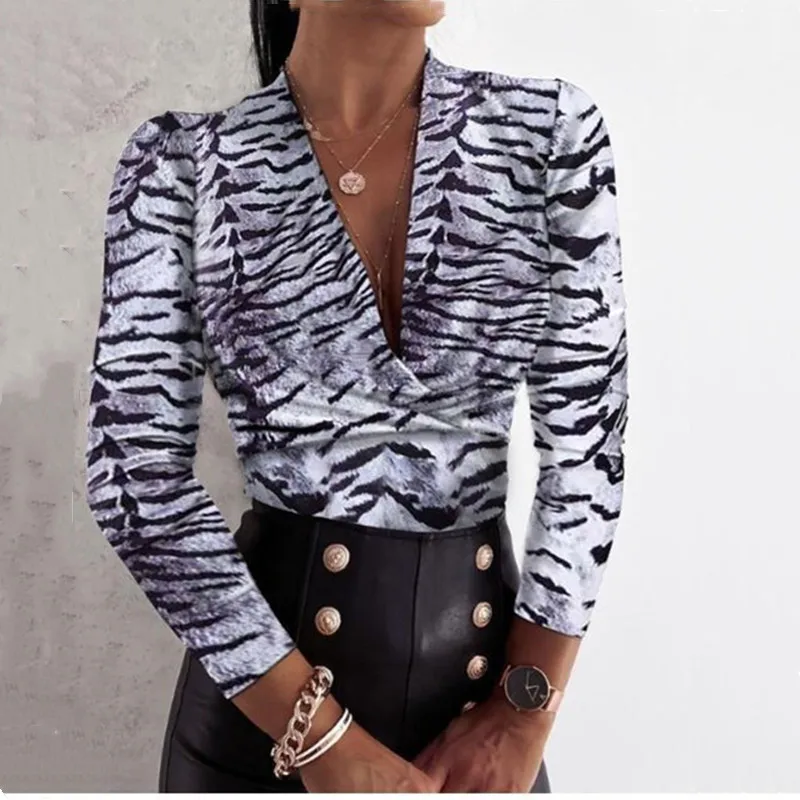 Seksualus Rudens ilgomis rankovėmis Giliai V-kaklo Plonas Leopardas Spausdinti Moterų Marškiniai 2020 M. 